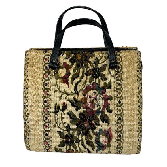 Vintage 50’s Carpet Bag Granny Poppins Floral On Ivory Cottage - Picture 1 of 14
